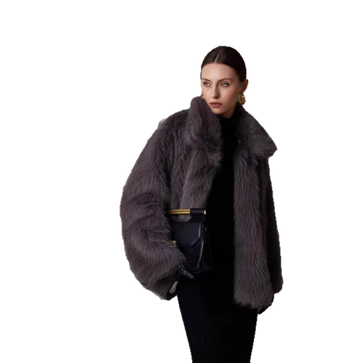 Ladies Short Boxy Faux Fur Jacket with Extra Soft High Pile and Voluminous Shawl Collar Mune Fashion