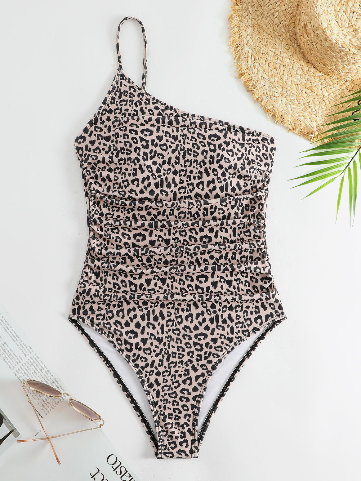 Women's One-Shoulder Swimsuit with Stylish Animal Print and Feminine Gatherings Mune Fashion