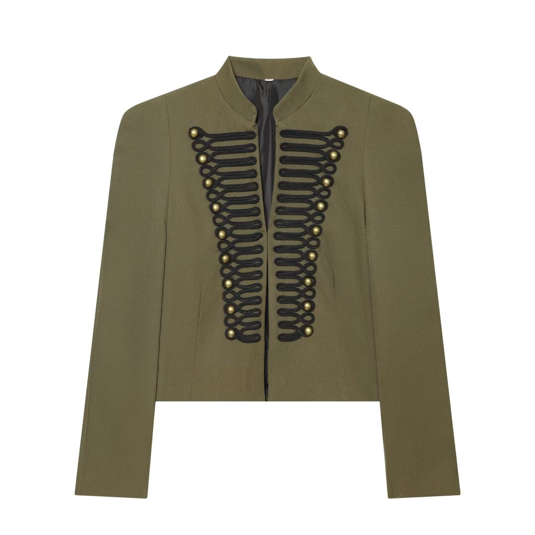 Women's short blazer in hussar style with stand-up collar and decorative galloon details Mune Fashion