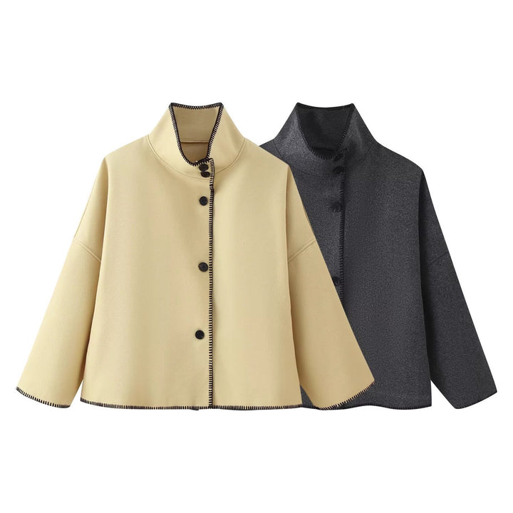 Women's Short Boxy Coat-Cape with Standing Collar and Contrast Decorative Stitch Mune Fashion
