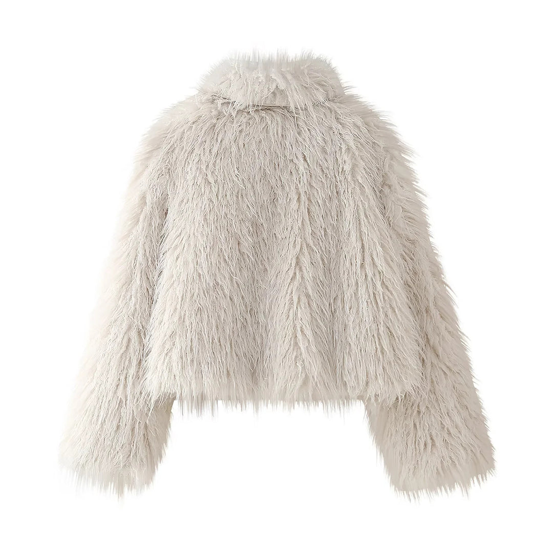 Ladies short-cut faux fur jacket with long-pile shag look and shawl collar Mune Fashion