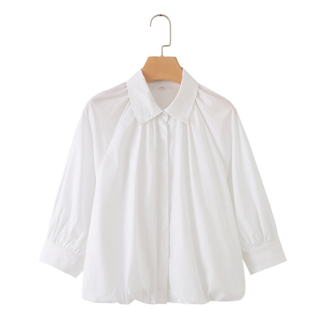 Women's Loose Blouse Shirt with Pleats Balloon Sleeves and Shirt Collar Mune Fashion