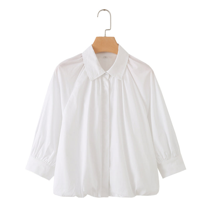 Women's Loose Blouse Shirt with Pleats Balloon Sleeves and Shirt Collar Mune Fashion