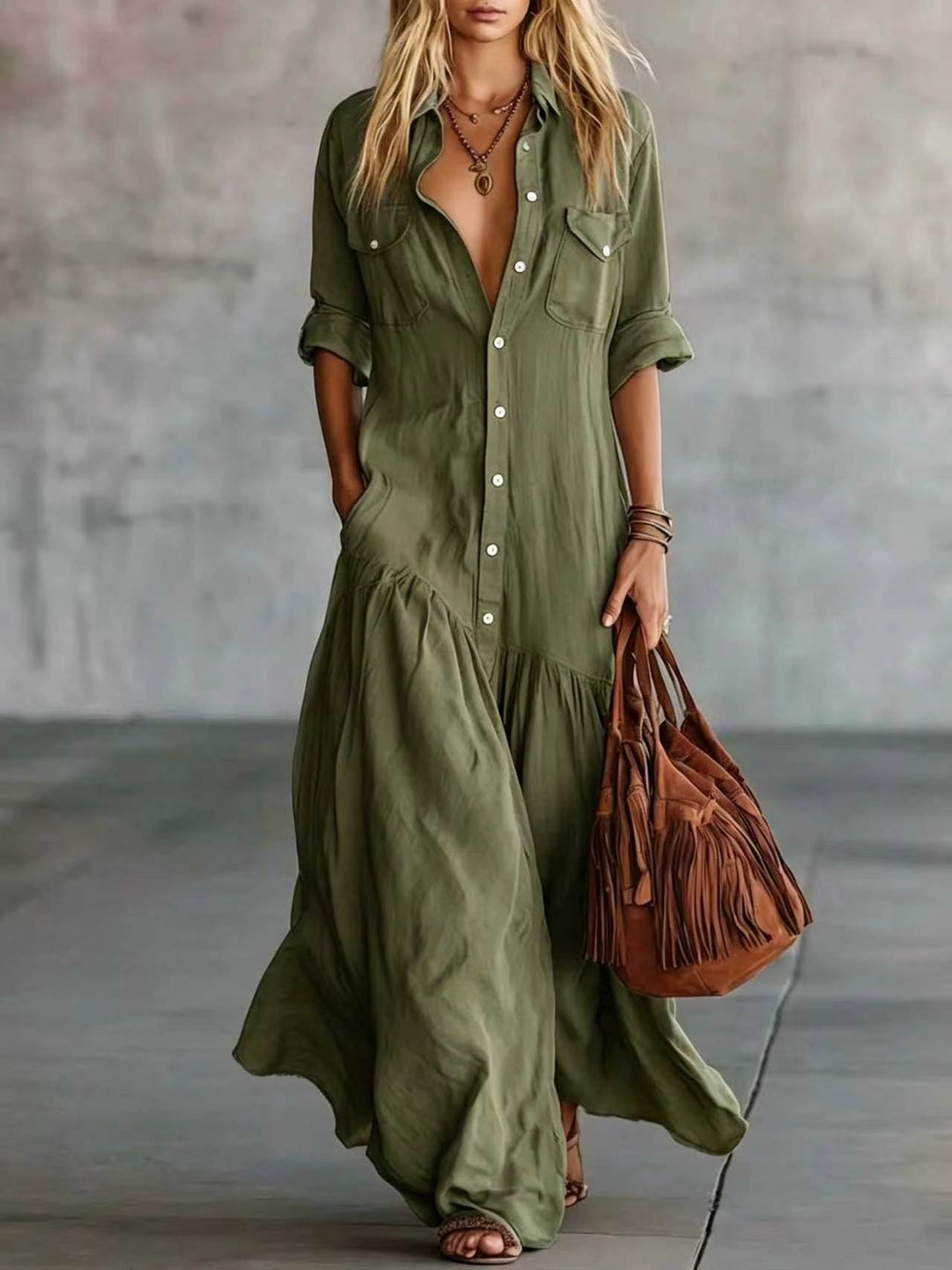 Ladies Long Flowing Shirt Blouse Maxi Dress with Button Placket, Applied Breast Pockets and Side Insert Pockets Mune Fashion