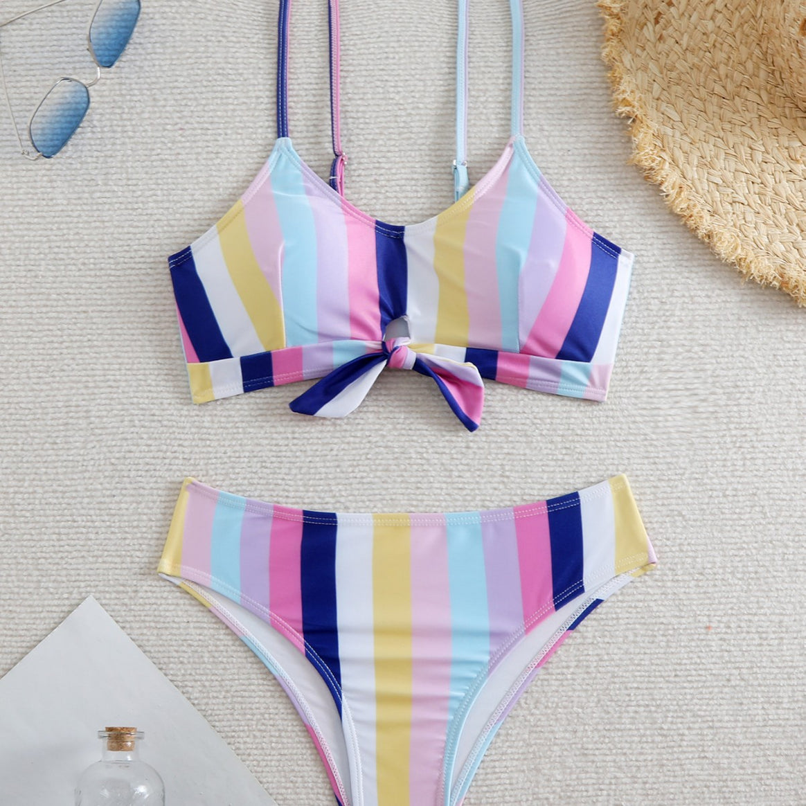 Ladies bikini set with fashionable knot and colorful striped pattern Mune Fashion