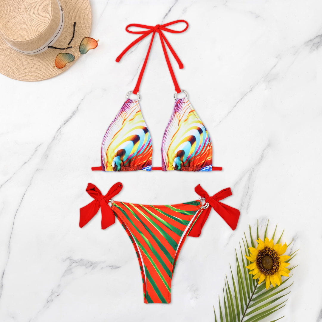 Women Triangle Bikini with stylish bows and colorful striped pattern Mune Fashion