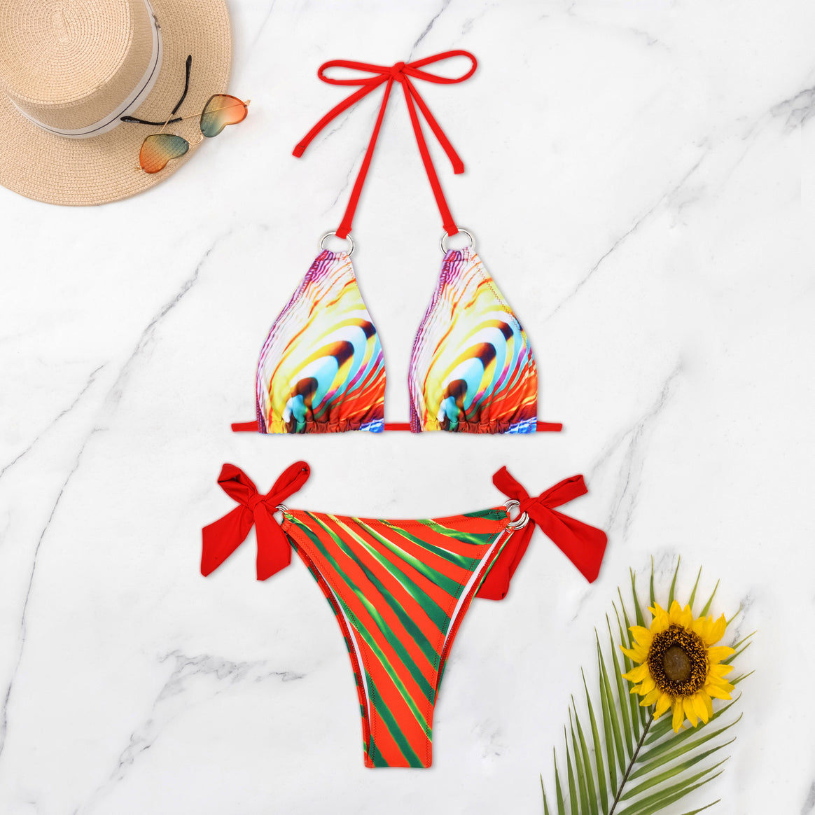 Women Triangle Bikini with stylish bows and colorful striped pattern Mune Fashion