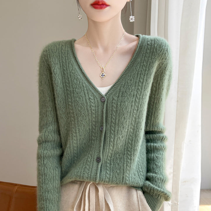 Women's Short Cable Knit Cardigan in Mohair Look with V-Neck and Ribbed Cuffs Mune Fashion