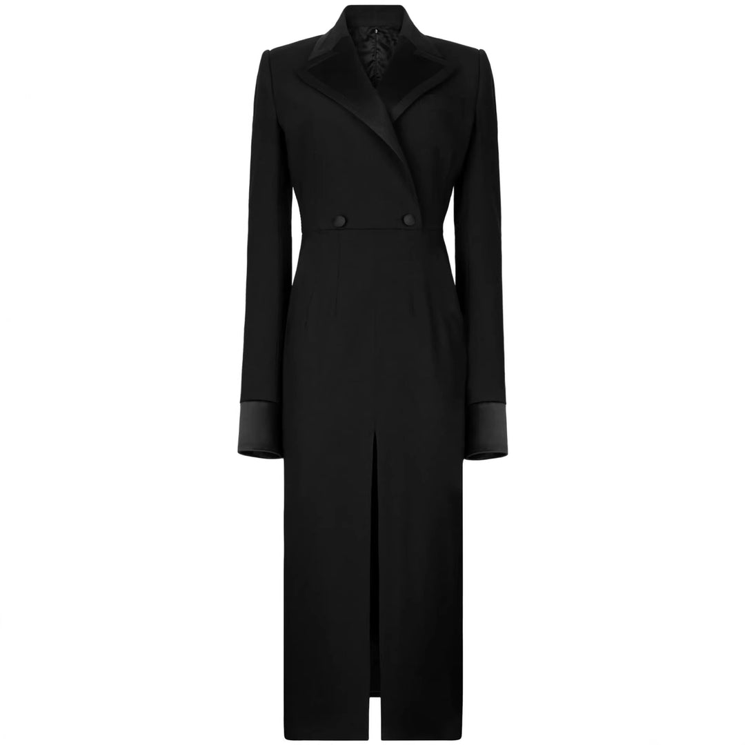 Women's Tailored Blazer Dress in Long Cut with Satin Lapels and Front Slit Mune Fashion