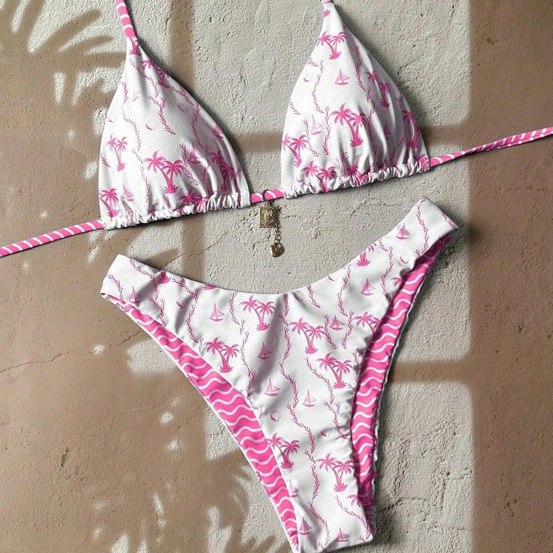 Women Triangle Bikini with Tropical Pattern Mune Fashion