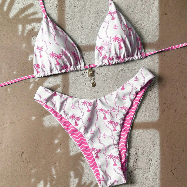 Women Triangle Bikini with Tropical Pattern Mune Fashion