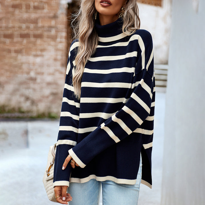 Women's Oversize Turtleneck Sweater with Stripes, Loose Fit and Side Slits Mune Fashion