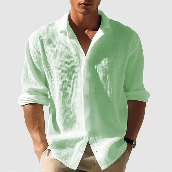 Men's Casual Textured Linen Shirt with Open Collar and Rolled Sleeves Mune Fashion