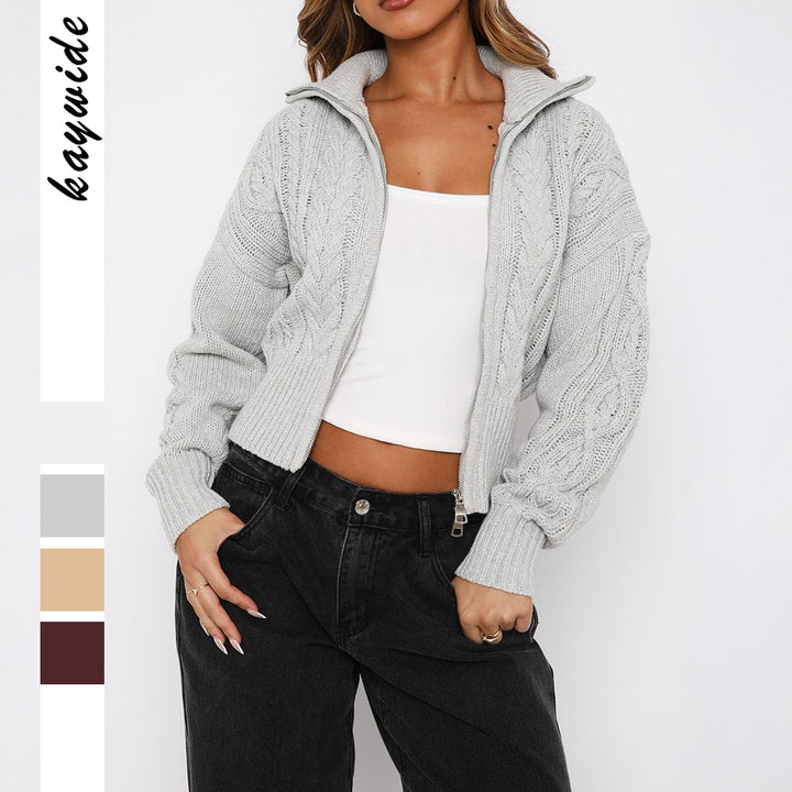 Women's cropped braid knit cardigan with full zipper, stand collar, and balloon sleeves Mune Fashion