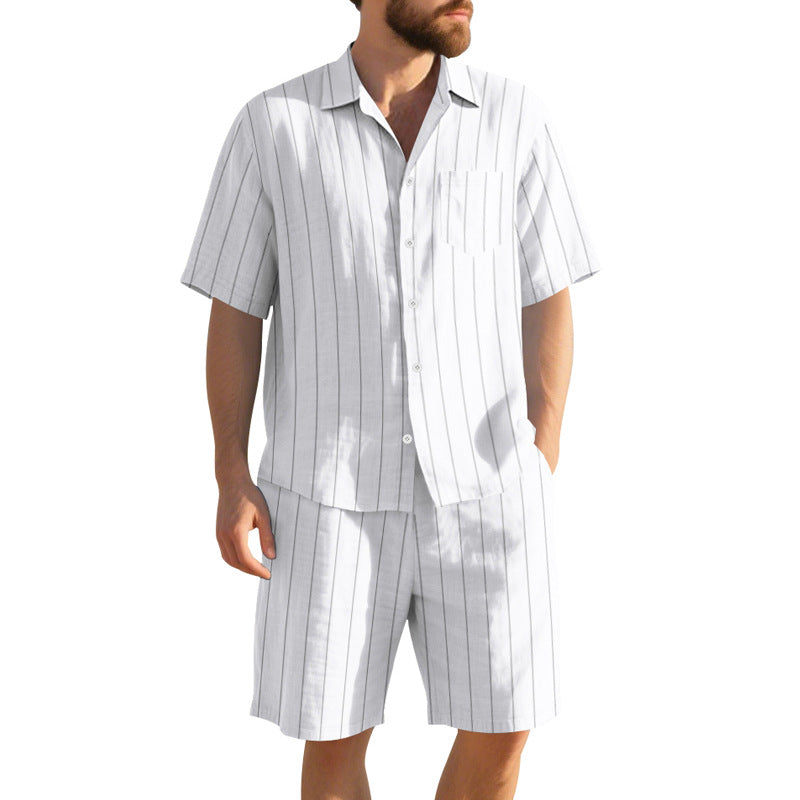 Men's Short Sleeve Pajama Set with Subtle Striped Pattern and Practical Chest Pocket Mune Fashion