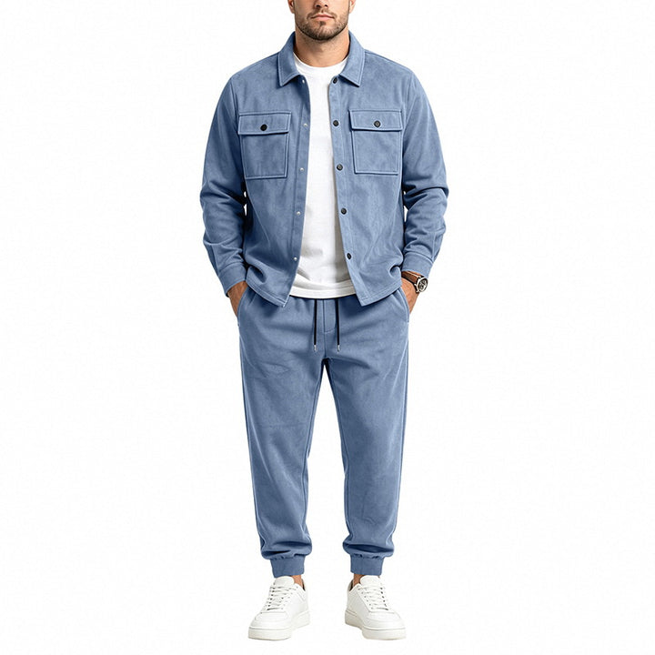 Men's velour lounge set with overshirt, patch breast pockets, and tapered jogging pants Mune Fashion
