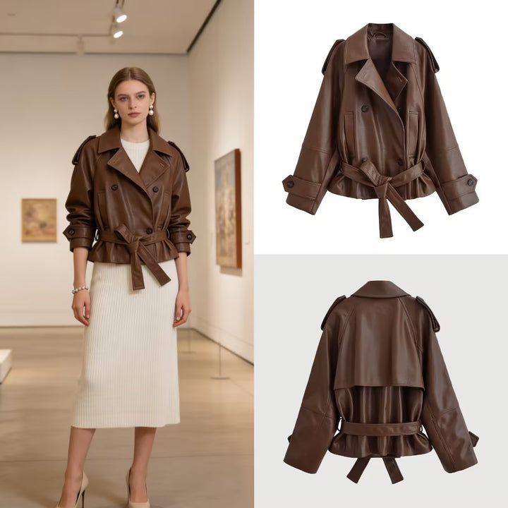 Women's Short Cut Faux Leather Trench Coat with Tie Belt and Shoulder Straps Mune Fashion
