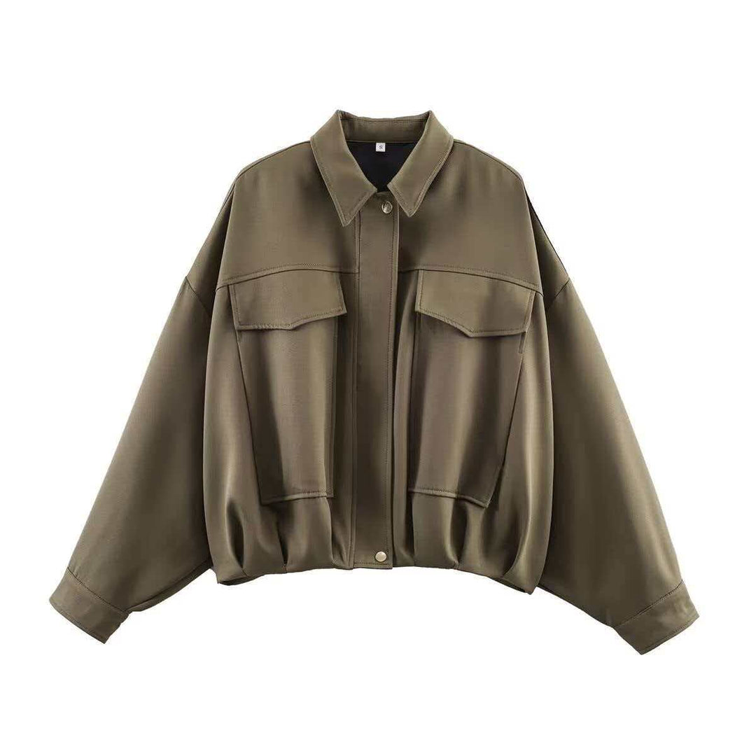 Women's oversized short utility blouson jacket with shirt collar, large patch pockets, and tailored cuffs Mune Fashion