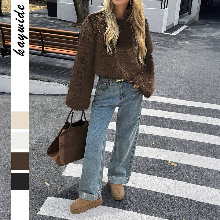 Women’s cozy Cropped Faux Fur Sweater with Bell Sleeves Mune Fashion
