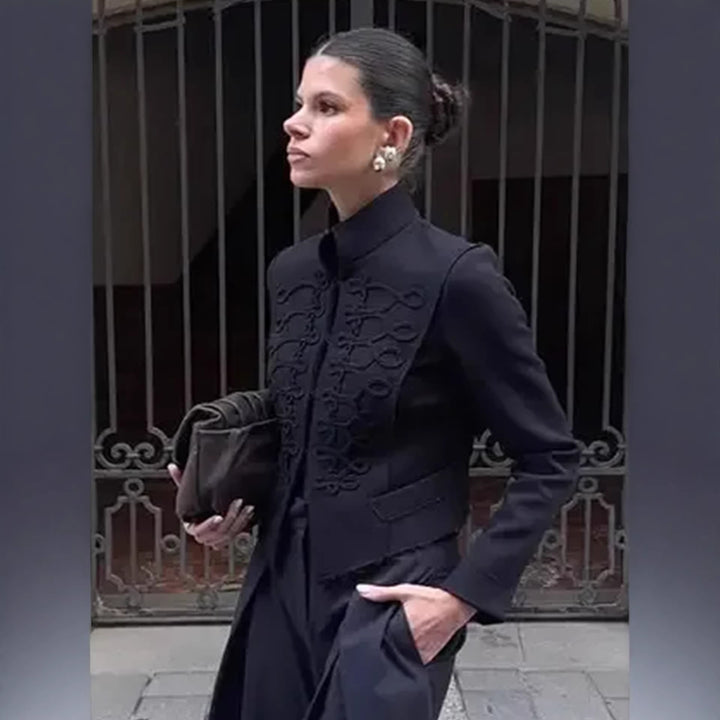 Women Tailored Short Blazer with Stand Collar and Decorative Cord Decoration Mune Fashion