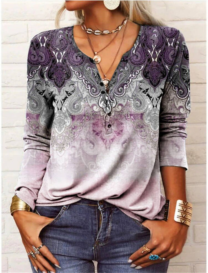 Women Loose Long Sleeve Henley Shirt with V-Neck, Button Placket and Ombre Print Mune Fashion