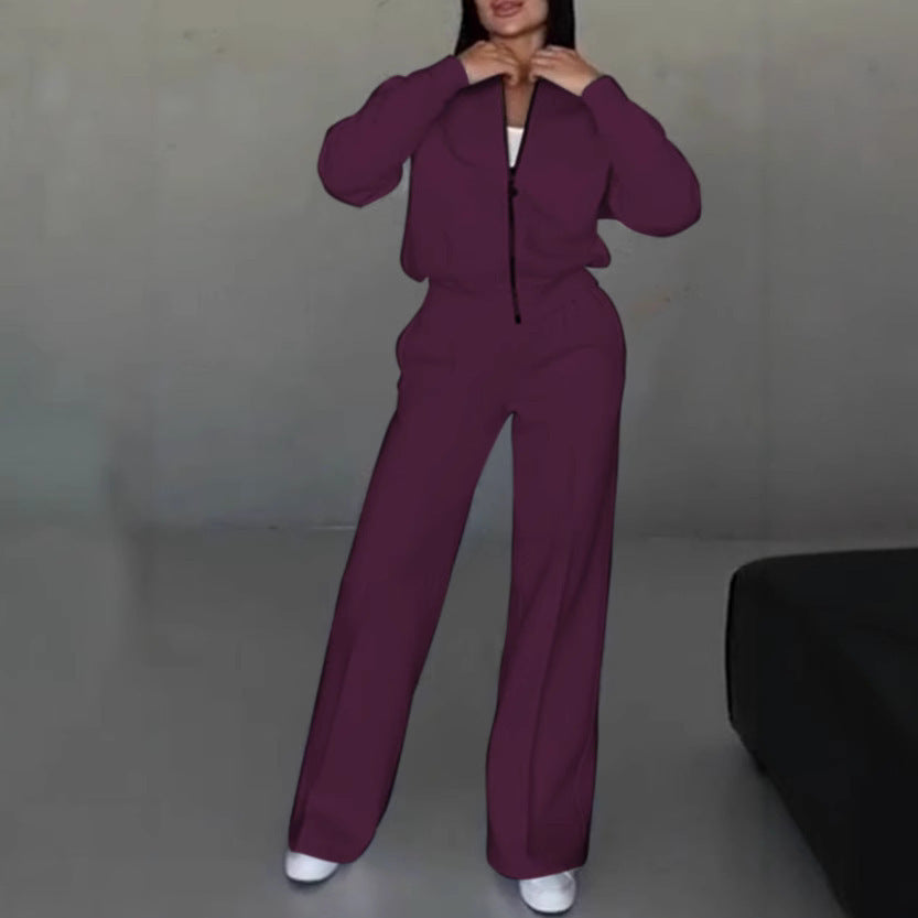 Women’s cropped bomber jacket with zipper and loose high-waist joggers set Mune Fashion