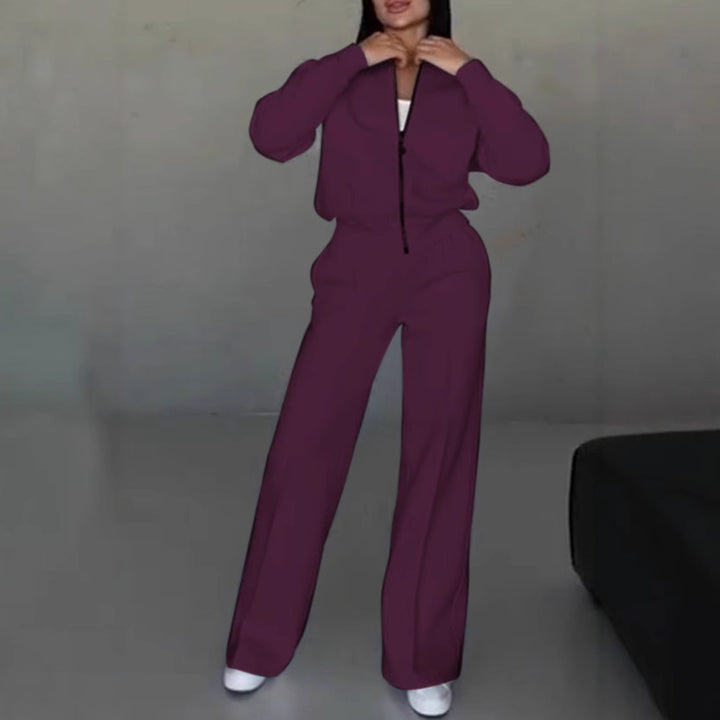 Women’s cropped bomber jacket with zipper and loose high-waist joggers set Mune Fashion