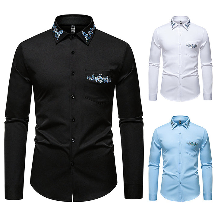 Men's Elegant Slim-Fit Shirt with Floral Embroidery on the Collar and Patch Chest Pocket Mune Fashion