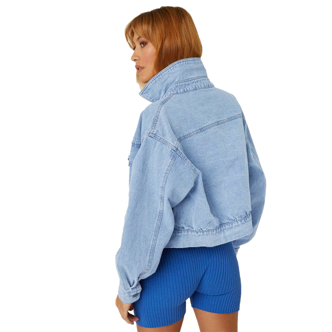 Women's Cropped Oversize Denim Jacket with Snap Button Front and Patch Chest Pockets Mune Fashion