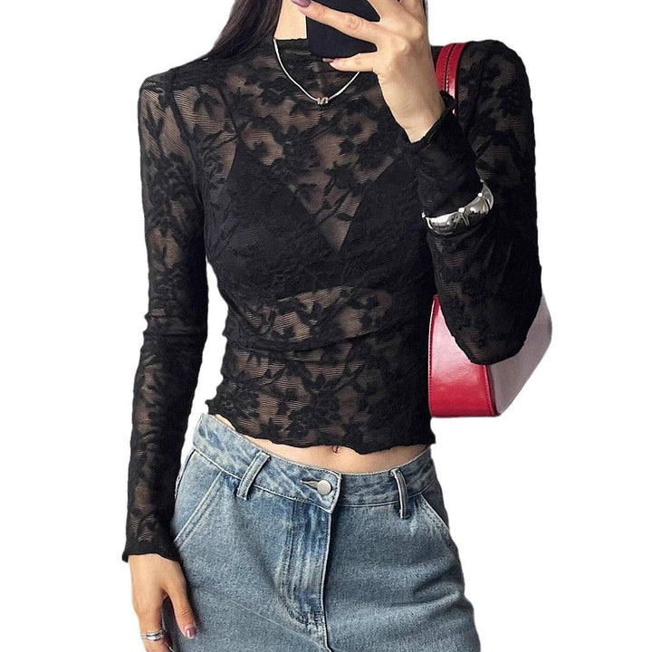 Women nan a fitted lace long-sleeve shirt with floral lace, slightly transparent and high collar Mune Fashion