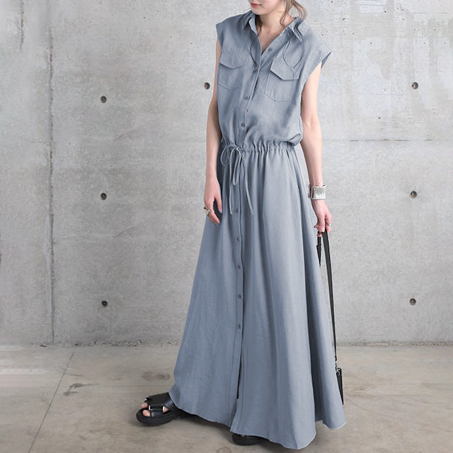Ladies long shirt dress with drawstring waist and patch chest pockets Mune Fashion