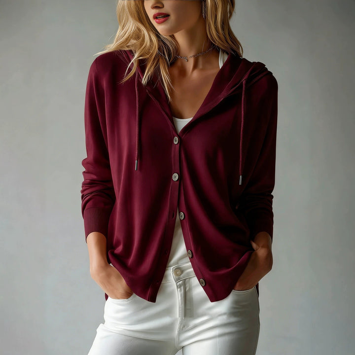 Women nan lightweight hooded cardigan with button placket and drawstring Mune Fashion