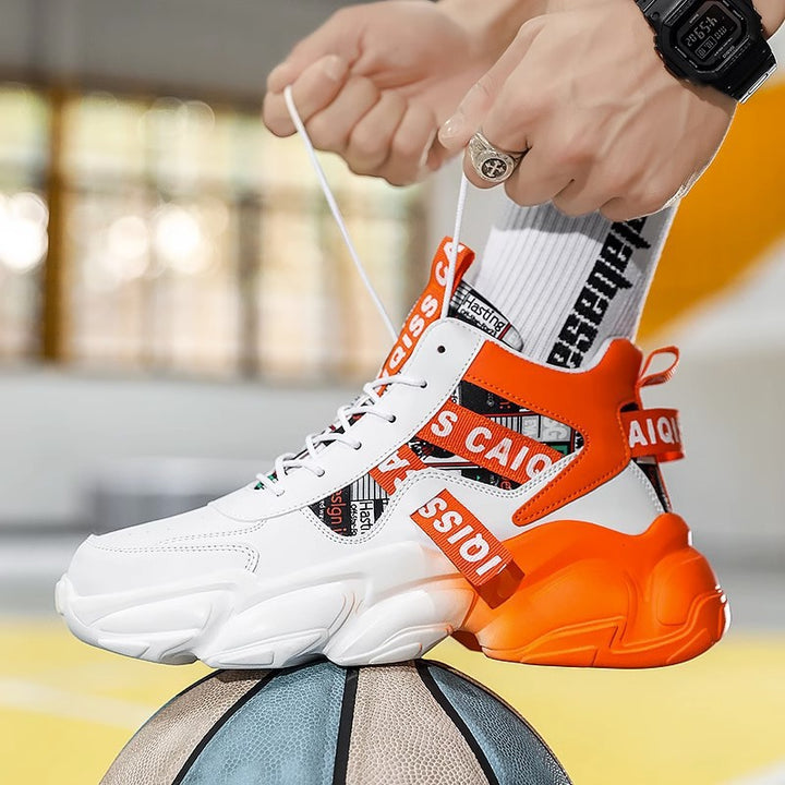 Unisex high-top platform sneaker with graphic print, padded ankle collar, and sculpted rubber sole Mune Fashion