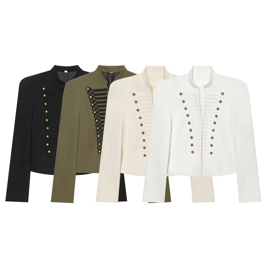 Women's short blazer in hussar style with stand-up collar and decorative galloon details Mune Fashion