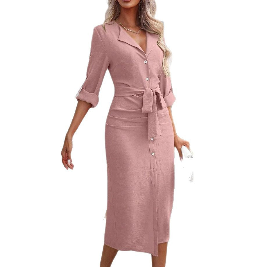 Women's Tailored Shirt Dress made of Crinkle Jersey with Tie Belt and Front Slit Drune