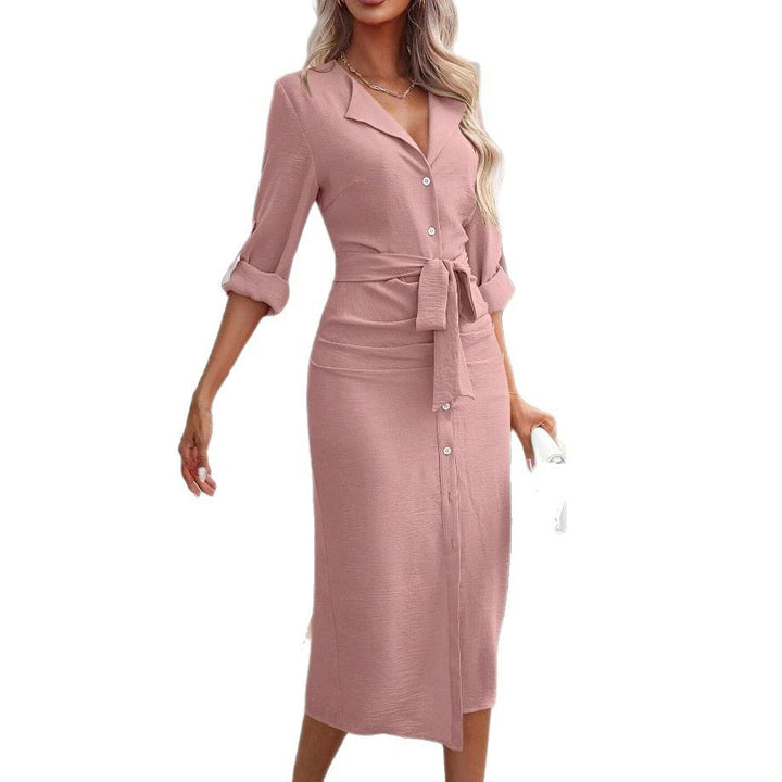 Women's Tailored Shirt Dress made of Crinkle Jersey with Tie Belt and Front Slit Drune