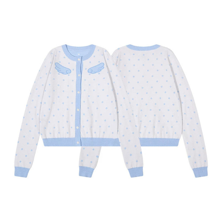 Women's Short Cropped Dotted Cardigan with Angel Wing Motif and Ribbed Cuffs Mune Fashion