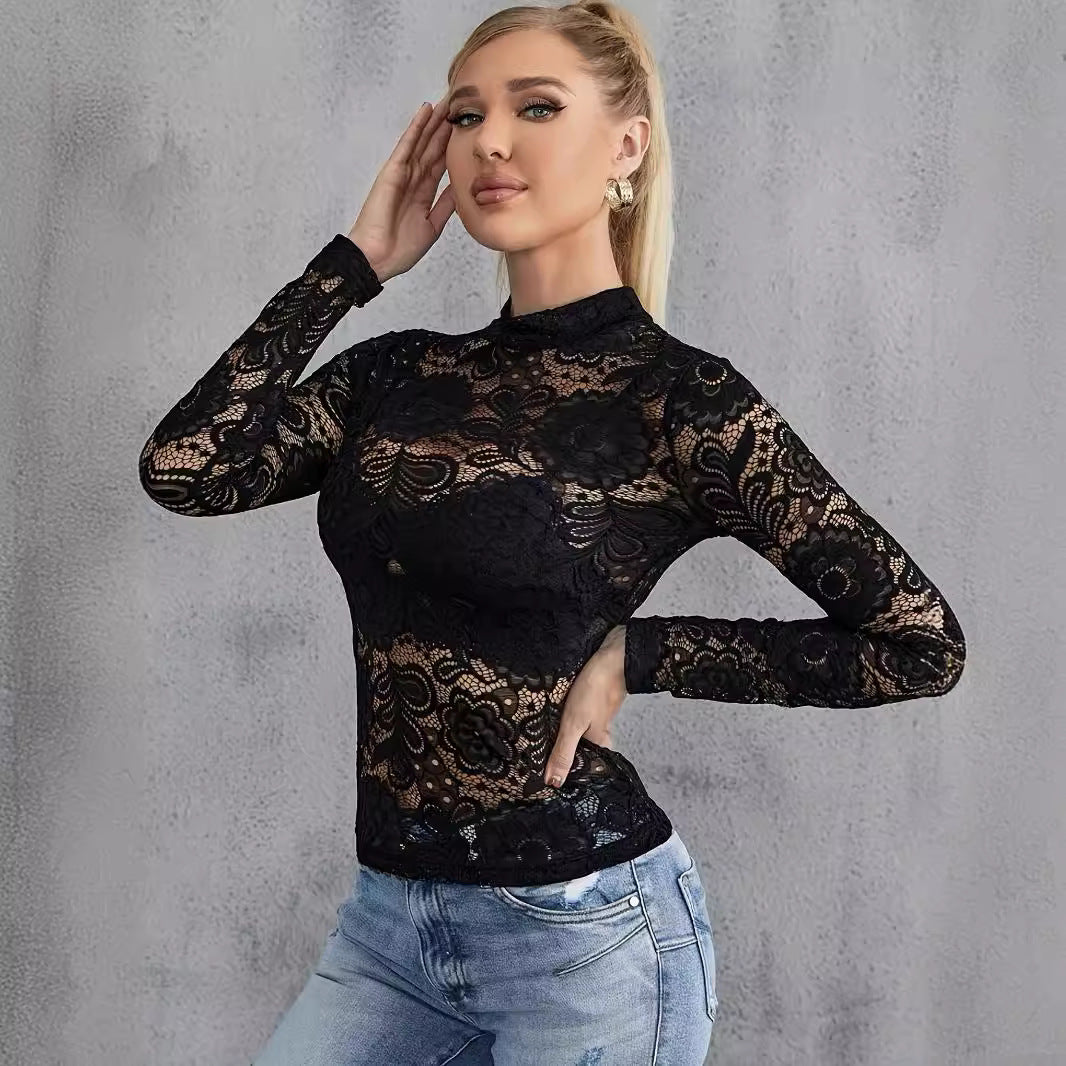 Ladies' figure-hugging lace long sleeve with standing collar and floral openwork pattern Mune Fashion