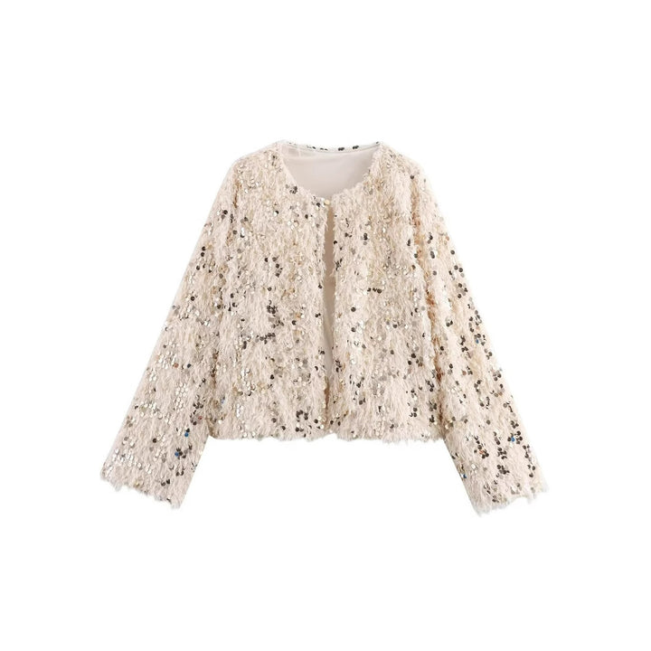 Women's Cropped Jacket made of fluffy Faux Fur with sequin trim Mune Fashion