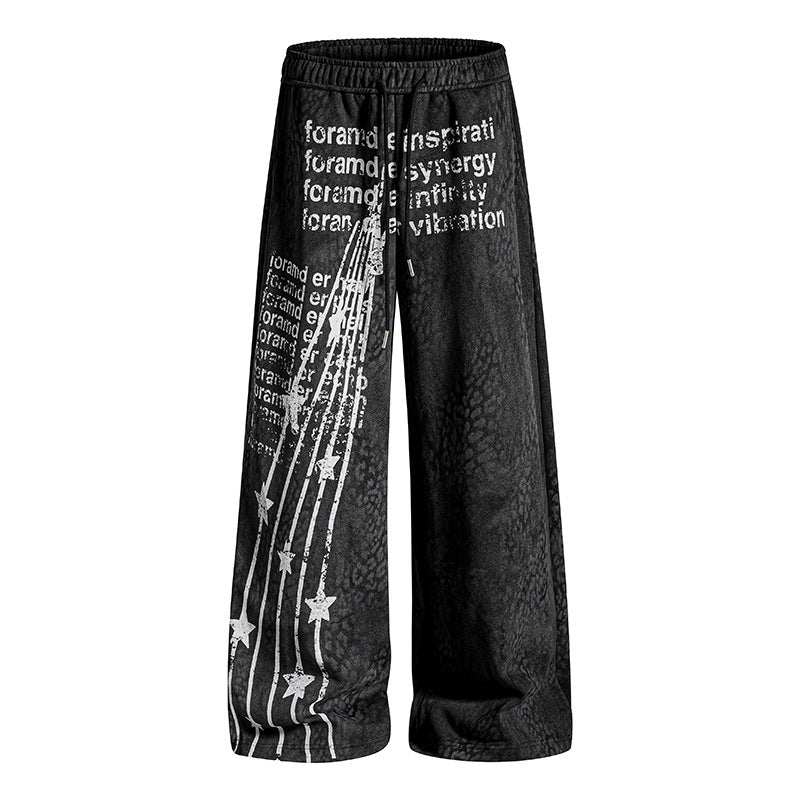 Women's Wide Palazzo Jogging Pants with Drawstring Waist, Statement Print and Vintage Wash Mune Fashion