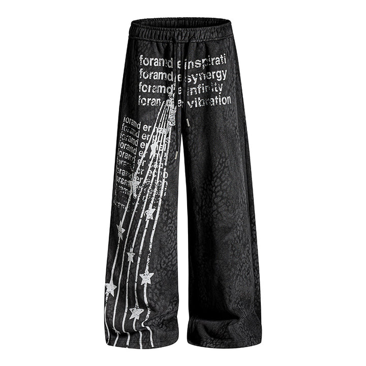 Women's Wide Palazzo Jogging Pants with Drawstring Waist, Statement Print and Vintage Wash Mune Fashion