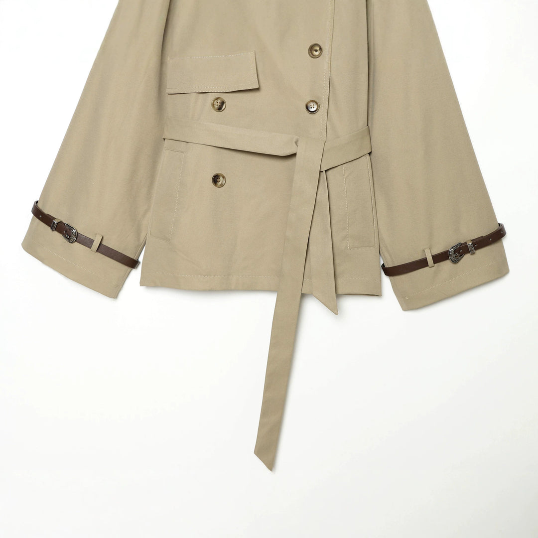 Ladies Short Cape Trench with Double Row, Shoulder Flaps and Waist Belt Mune Fashion