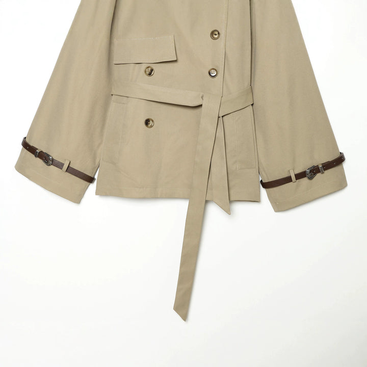 Ladies Short Cape Trench with Double Row, Shoulder Flaps and Waist Belt Mune Fashion
