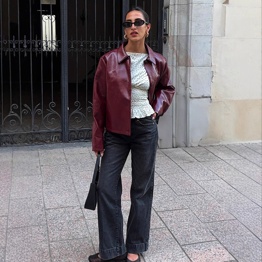 Women's Boxy Faux Leather Jacket with Shirt Collar and Straight Cropped Cut Mune Fashion