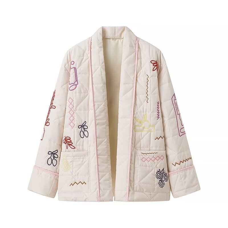 Women's padded kimono jacket with decorative embroidery, open front and patch pockets Mune Fashion