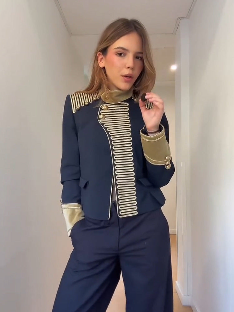 Women’s military-inspired short jacket with gold cord trim and stand-up collar Mune Fashion