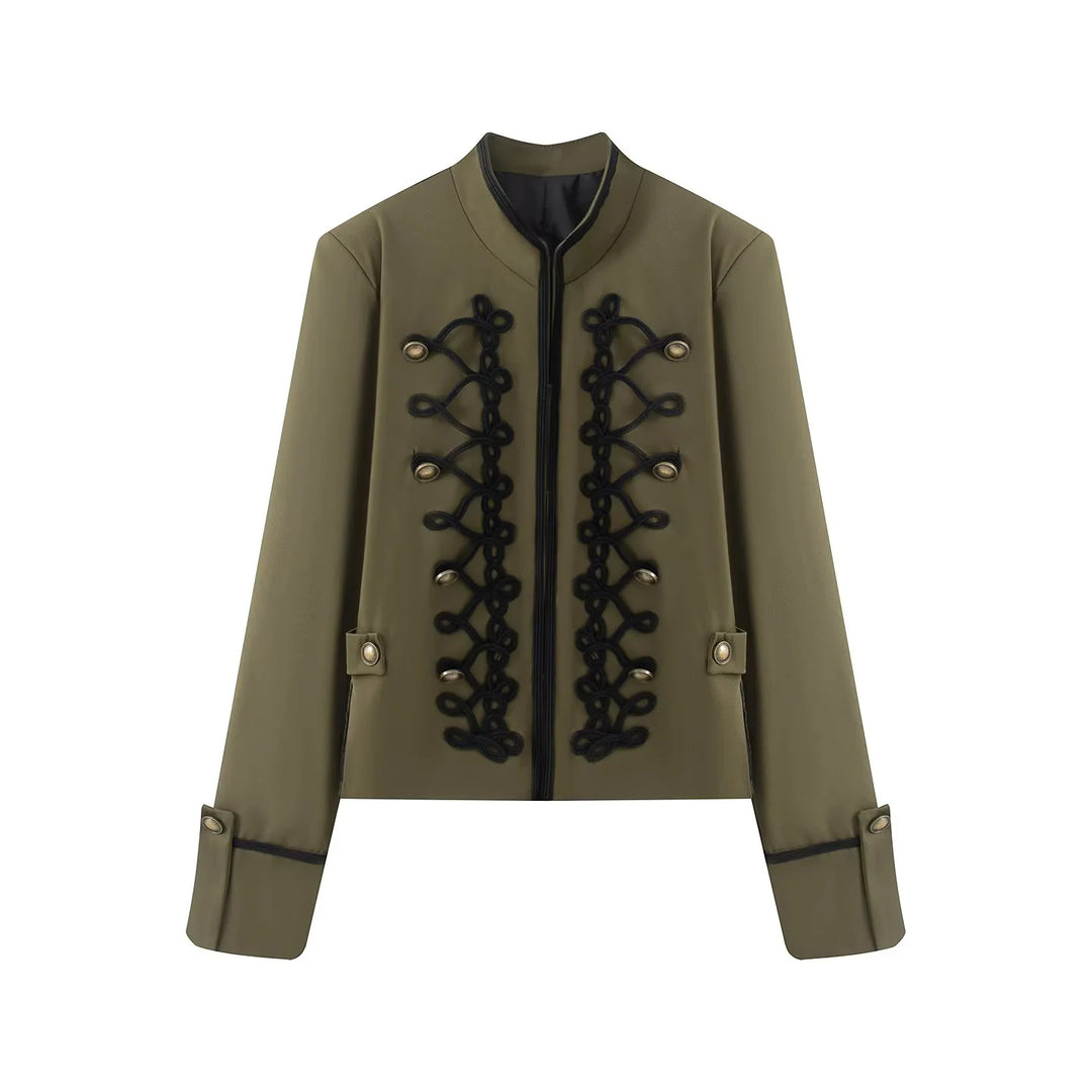 Women's short jacket in uniform style with ornamental cord decoration, stand-up collar and concealed zipper Mune Fashion