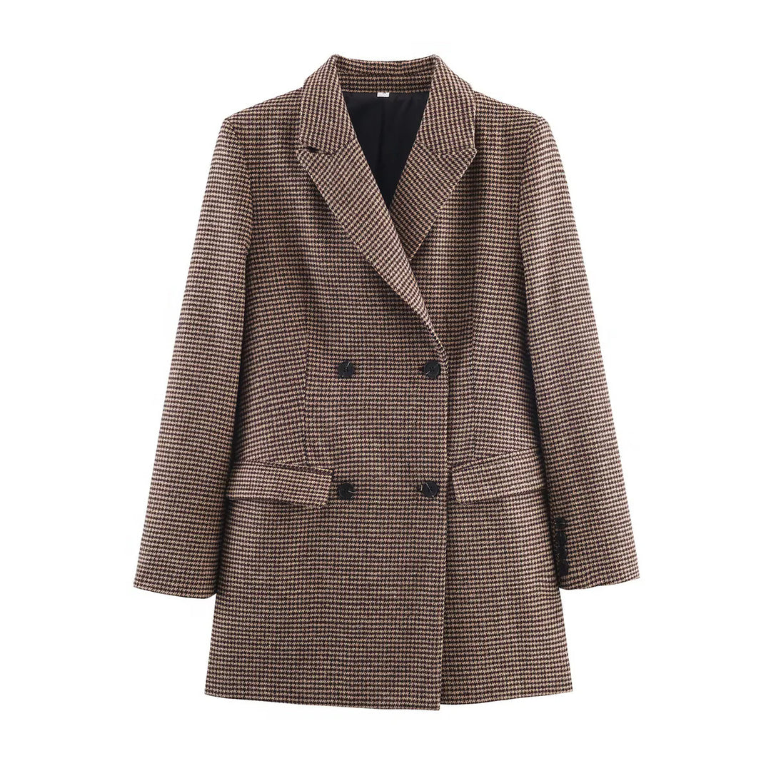 Women's tailored double-breasted blazer coat with houndstooth pattern and flap pockets Mune Fashion