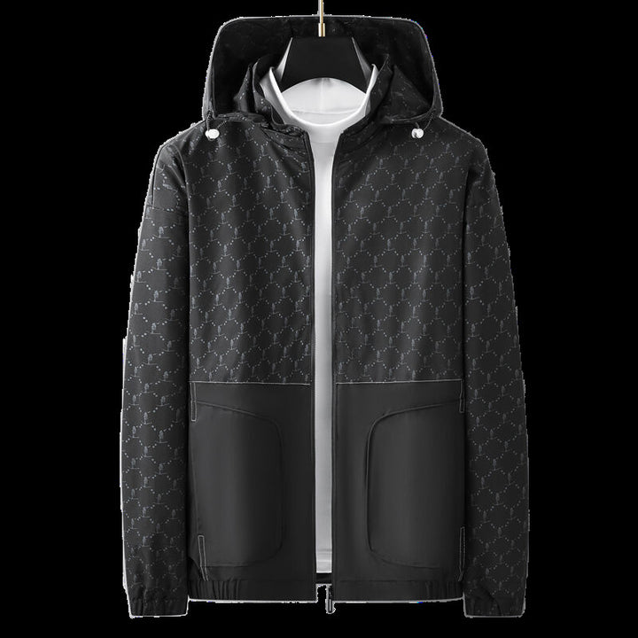 Men's Light Water-Repellent Hooded Outdoor Jacket with Allover Pattern and Large Pockets Mune Fashion