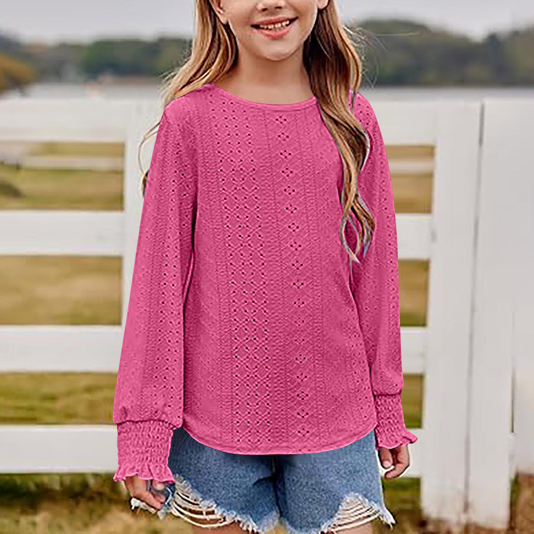 Women's Openwork Oversized Pullover Shirt with Balloon Sleeves and Ruffle Cuffs Mune Fashion